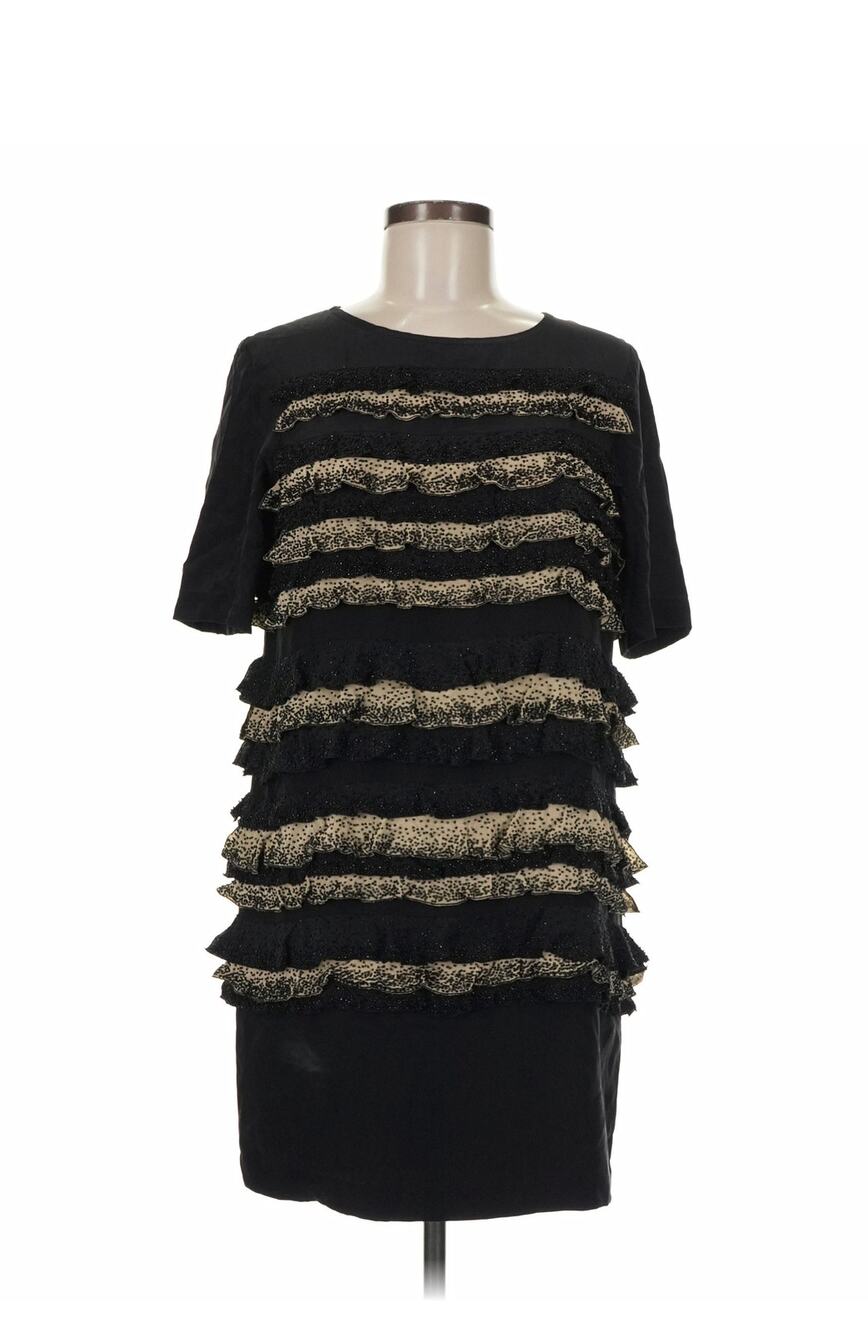 SZ 6 Tory Burch Tiered Cocktail Dress 100% Silk Black Beaded Rhinestone Accents